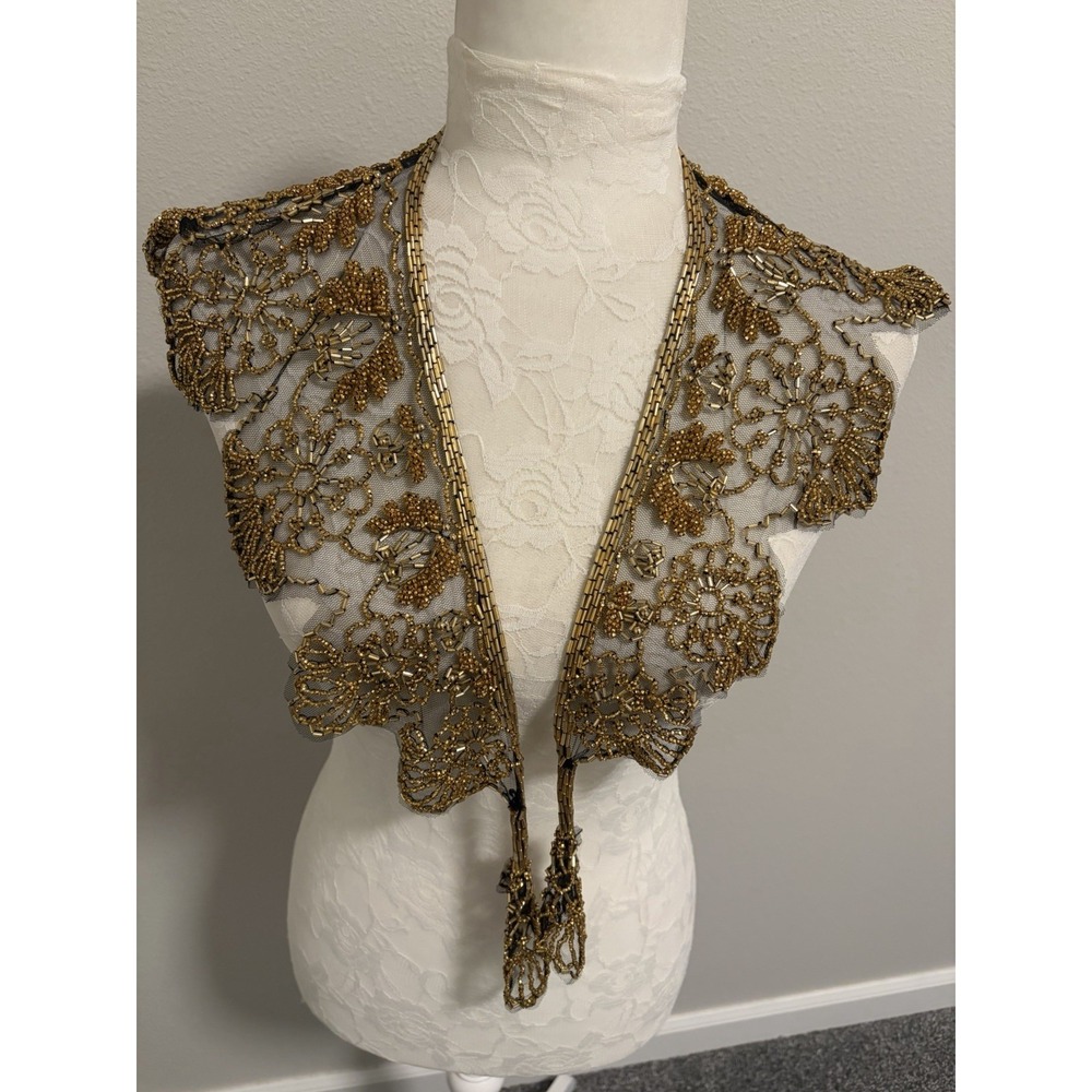 Vtg. Victorian Style Gold Glass Beaded Collar Scarf ~Scalloped Evening Glam NWT - Picture 5 of 13